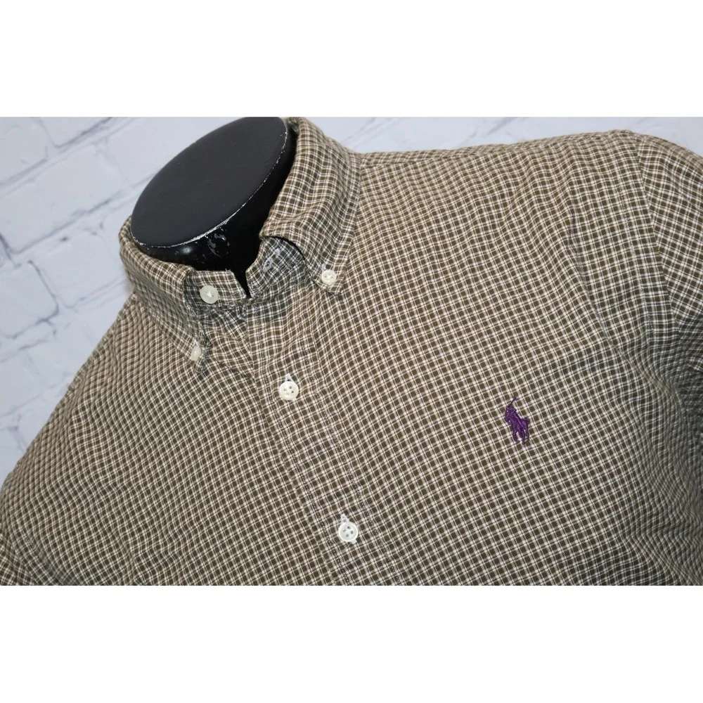 Polo Ralph Lauren Shirt Mens Large Brown Gingham Classic Fit Long Sleeve
